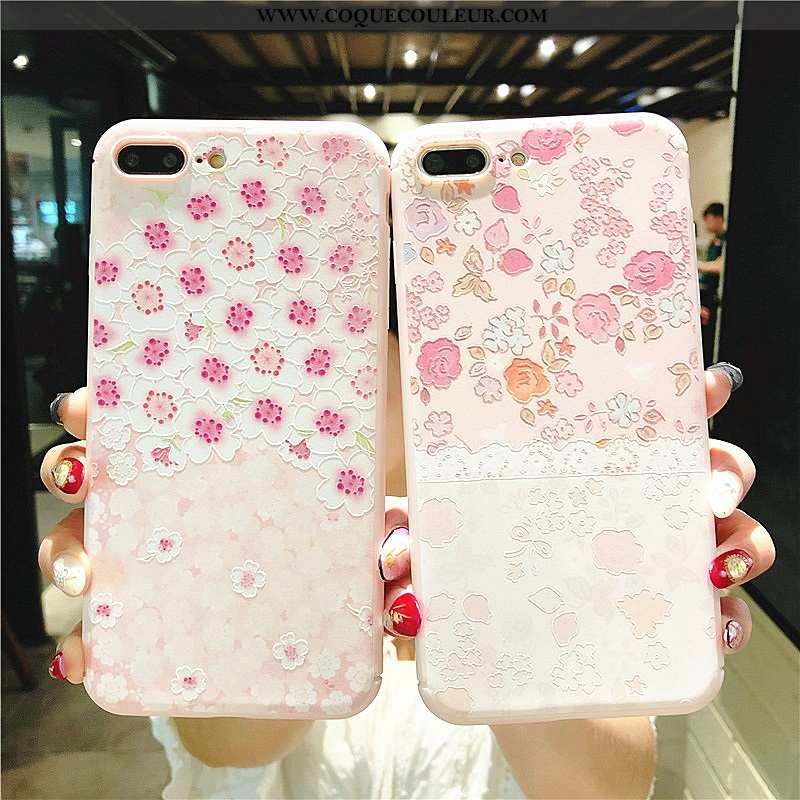 Étui iPhone 8 Plus Gaufrage Frais Incassable, Coque iPhone 8 Plus Cou Suspendu Rose