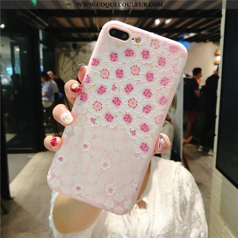 Étui iPhone 8 Plus Gaufrage Frais Incassable, Coque iPhone 8 Plus Cou Suspendu Rose