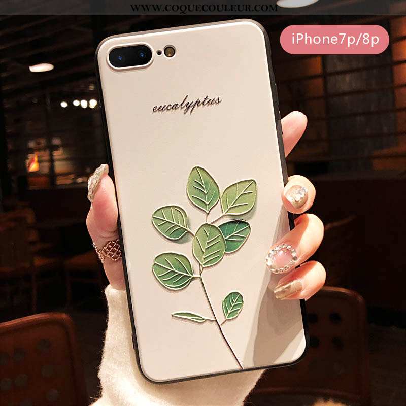 Étui iPhone 8 Plus Gaufrage Protection Silicone, Coque iPhone 8 Plus Fluide Doux Fleur Verte