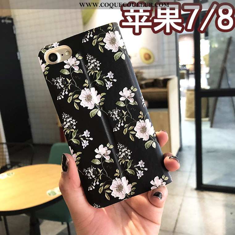 Étui iPhone 8 Cuir Bleu Créatif, Coque iPhone 8 Protection Floral