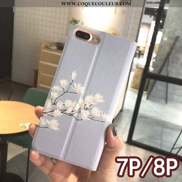 Étui iPhone 8 Cuir Bleu Créatif, Coque iPhone 8 Protection Floral