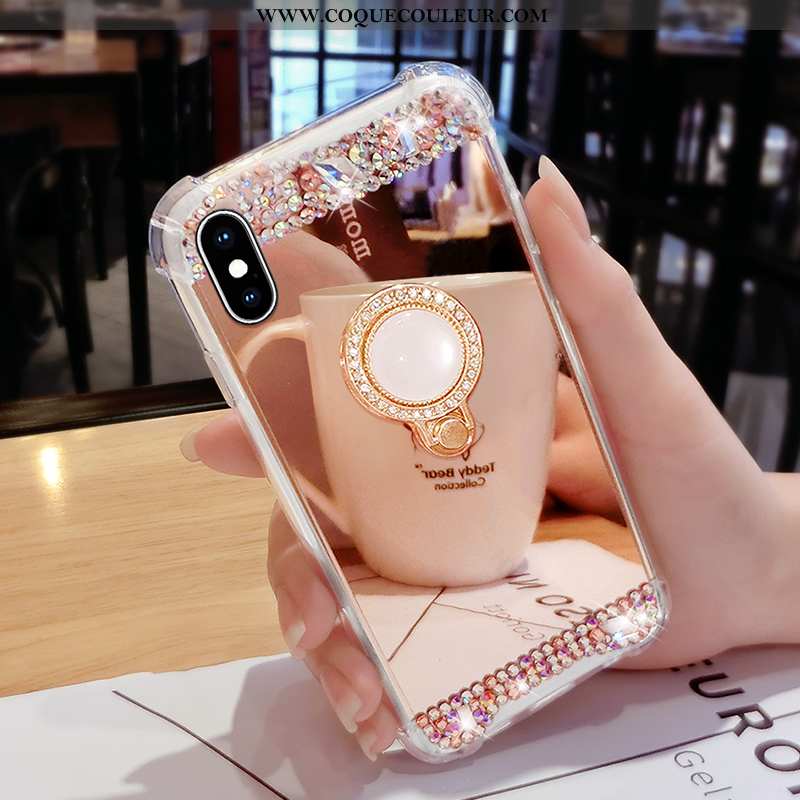 Coque iPhone X Tendance Net Rouge Créatif, Housse iPhone X Strass Anneau Rose