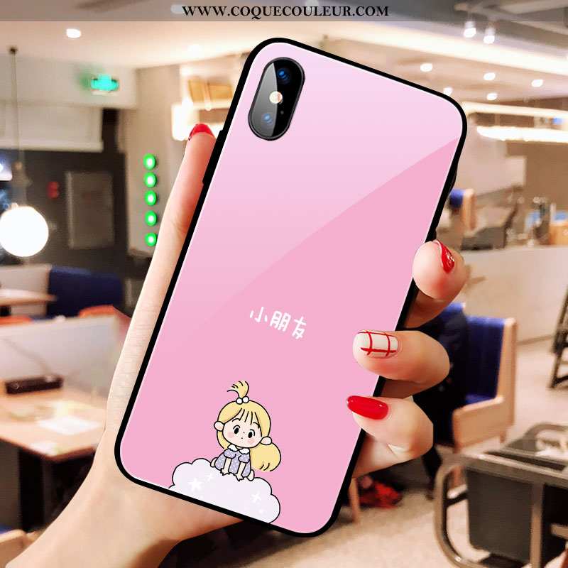 Étui iPhone X Créatif Verre Téléphone Portable, Coque iPhone X Dessin Animé Rose Noir