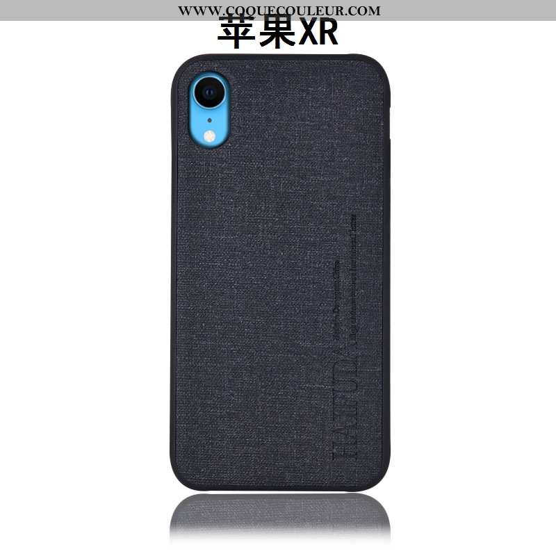 Étui iPhone Xr Protection Silicone Incassable, Coque iPhone Xr Cuir Lin Bleu