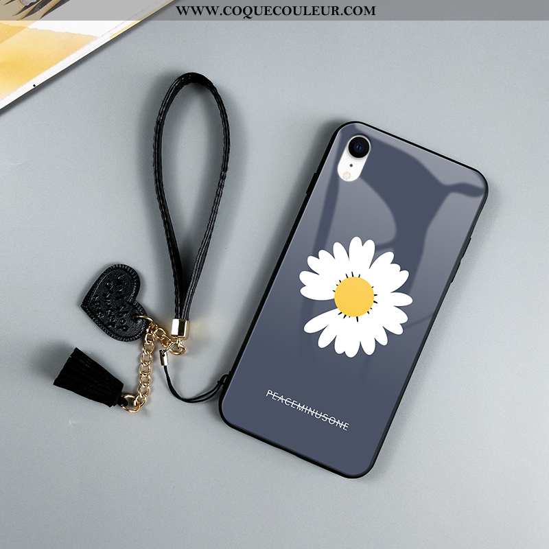 Étui iPhone Xr Verre Téléphone Portable Noir, Coque iPhone Xr Personnalité Petite Marguerite Noir