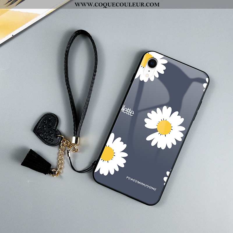 Étui iPhone Xr Verre Téléphone Portable Noir, Coque iPhone Xr Personnalité Petite Marguerite Noir