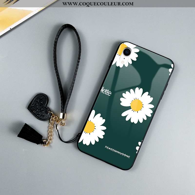 Étui iPhone Xr Verre Téléphone Portable Noir, Coque iPhone Xr Personnalité Petite Marguerite Noir