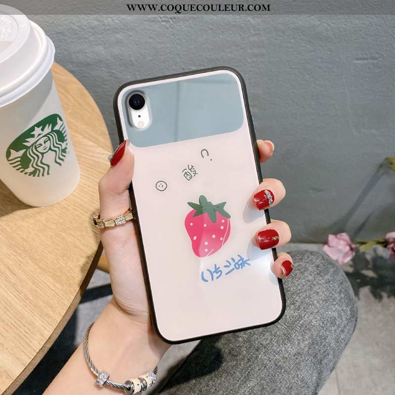 Housse iPhone Xr Verre Coque Fleur, Étui iPhone Xr Créatif Fraise Rose