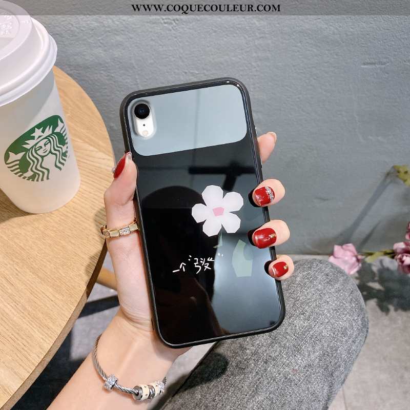 Housse iPhone Xr Verre Coque Fleur, Étui iPhone Xr Créatif Fraise Rose