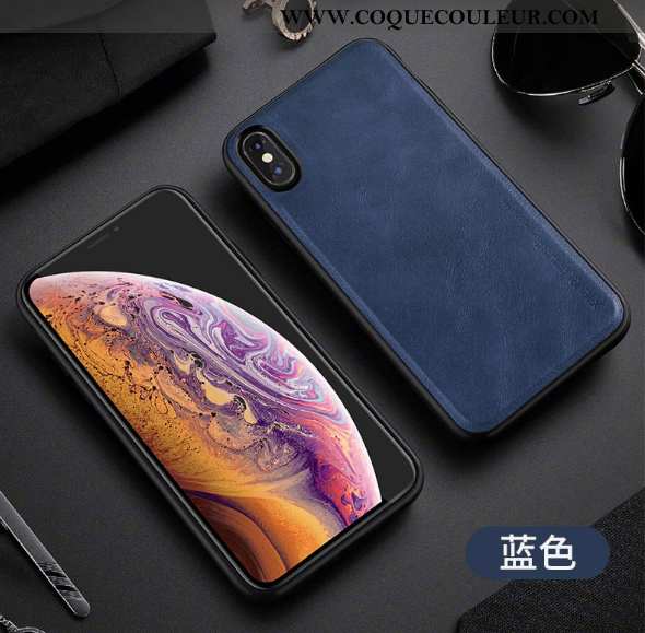 Coque iPhone Xs Max Vintage Incassable Silicone, Housse iPhone Xs Max Cuir Antidérapant Bleu