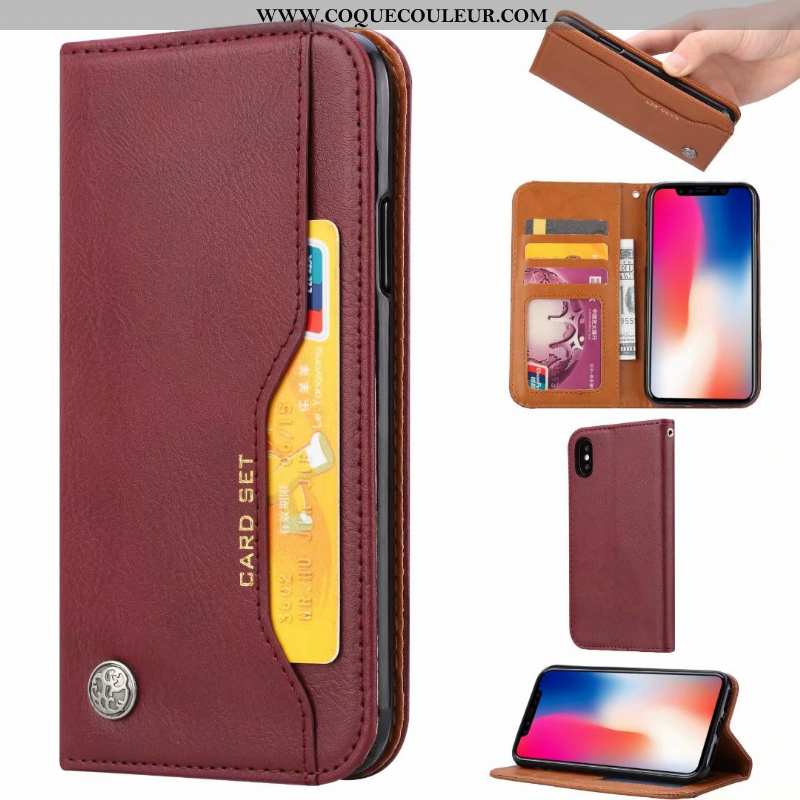 Housse iPhone Xs Max Cuir Téléphone Portable Carte, Étui iPhone Xs Max Protection Tout Compris Marro