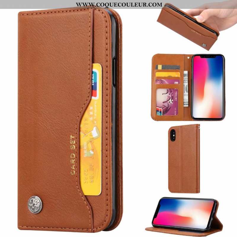 Housse iPhone Xs Max Cuir Téléphone Portable Carte, Étui iPhone Xs Max Protection Tout Compris Marro