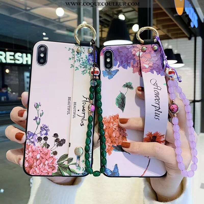 Étui iPhone Xs Protection Fleurs Bracelet, Coque iPhone Xs Vintage Style Chinois Violet