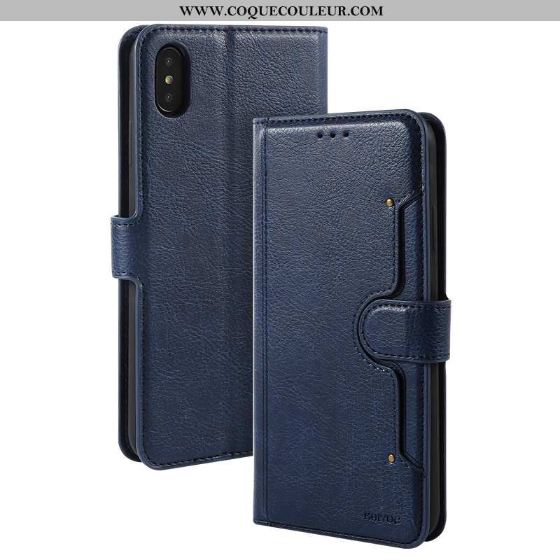 Housse iPhone Xs Cuir Téléphone Portable Étui, Étui iPhone Xs Protection Luxe Bleu Foncé