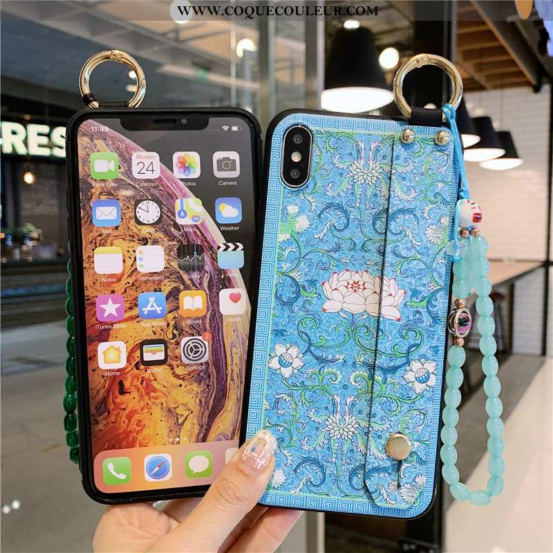 Housse iPhone Xs Fluide Doux Incassable Support, Étui iPhone Xs Silicone Vintage Bleu