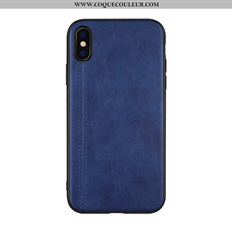 Étui iPhone Xs Cuir Coque, Coque iPhone Xs Cuir Véritable Couvercle Arrière Bleu Foncé