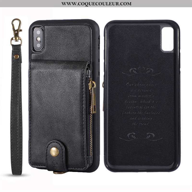 Coque iPhone Xs Portefeuille Incassable Protection Véritable, Housse iPhone Xs Cuir Luxe Noir