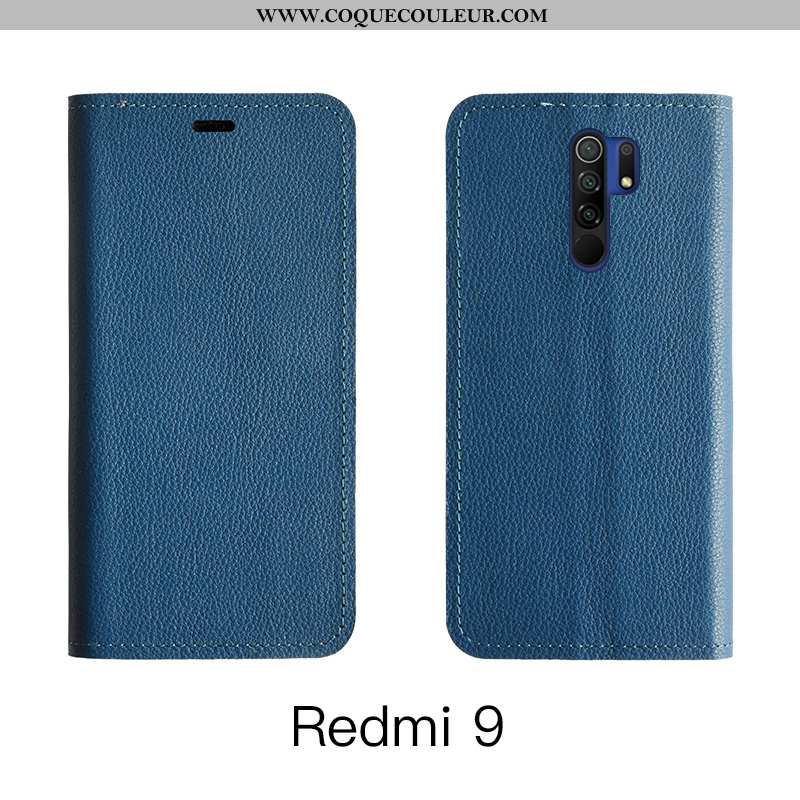 Coque Xiaomi Redmi 9 Protection Rouge, Housse Xiaomi Redmi 9 Cuir Bleu Foncé
