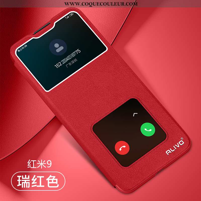 Coque Xiaomi Redmi 9 Cuir Housse, Housse Xiaomi Redmi 9 Fluide Doux Rouge