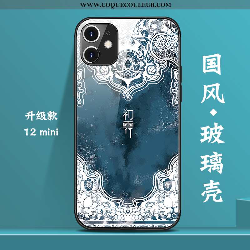 Étui iPhone 12 Mini Tendance Style Chinois Coque, Coque iPhone 12 Mini Verre Tout Compris Bleu