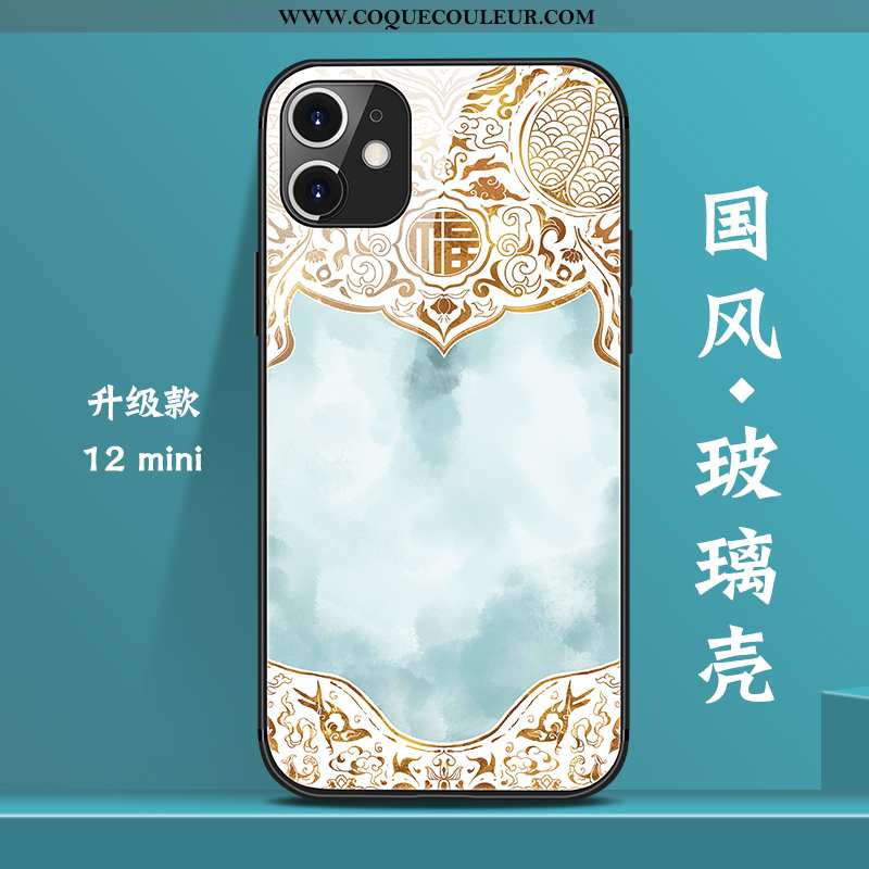Étui iPhone 12 Mini Tendance Style Chinois Coque, Coque iPhone 12 Mini Verre Tout Compris Bleu