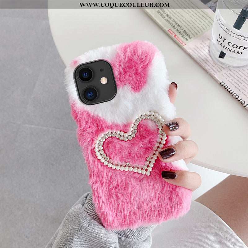 Housse iPhone 12 Mini Peluche Chauds Vent, Étui iPhone 12 Mini Couture Couleurs Coque Rose