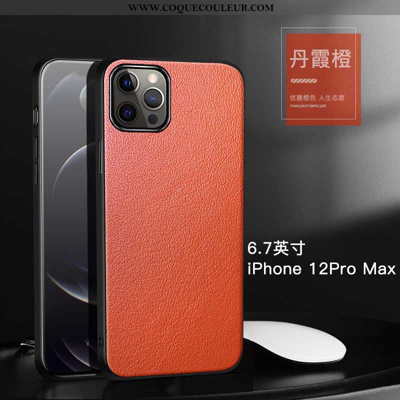 Housse iPhone 12 Pro Max Cuir Véritable Coque Bovins, Étui iPhone 12 Pro Max Cuir Protection Orange