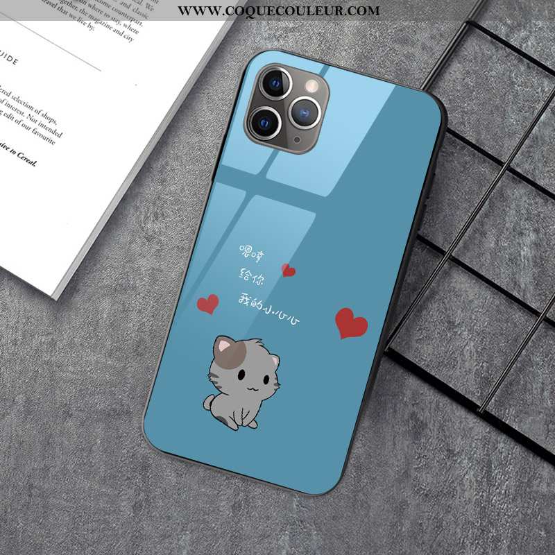 Étui iPhone 12 Pro Dessin Animé Chat Verre, Coque iPhone 12 Pro Charmant Bleu