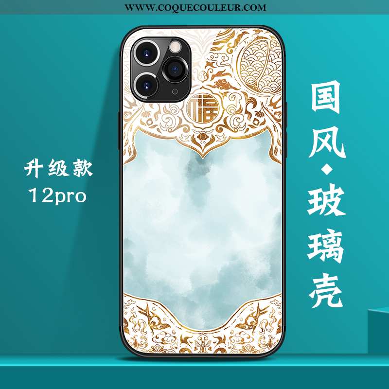 Housse iPhone 12 Pro Verre Nouveau Coque, Étui iPhone 12 Pro Personnalité Téléphone Portable Bleu
