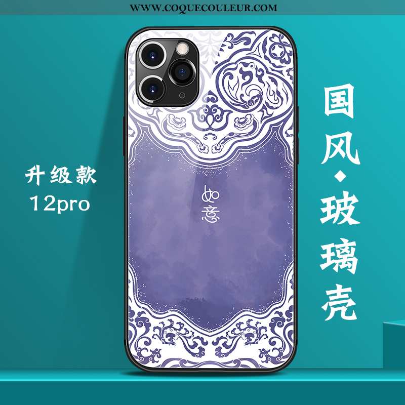 Housse iPhone 12 Pro Verre Nouveau Coque, Étui iPhone 12 Pro Personnalité Téléphone Portable Bleu