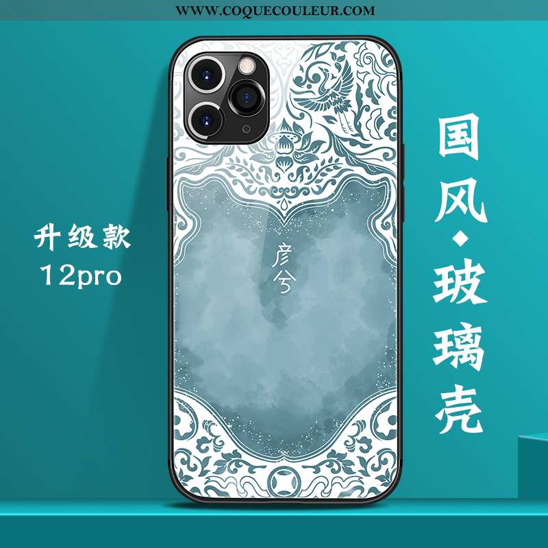 Housse iPhone 12 Pro Verre Nouveau Coque, Étui iPhone 12 Pro Personnalité Téléphone Portable Bleu