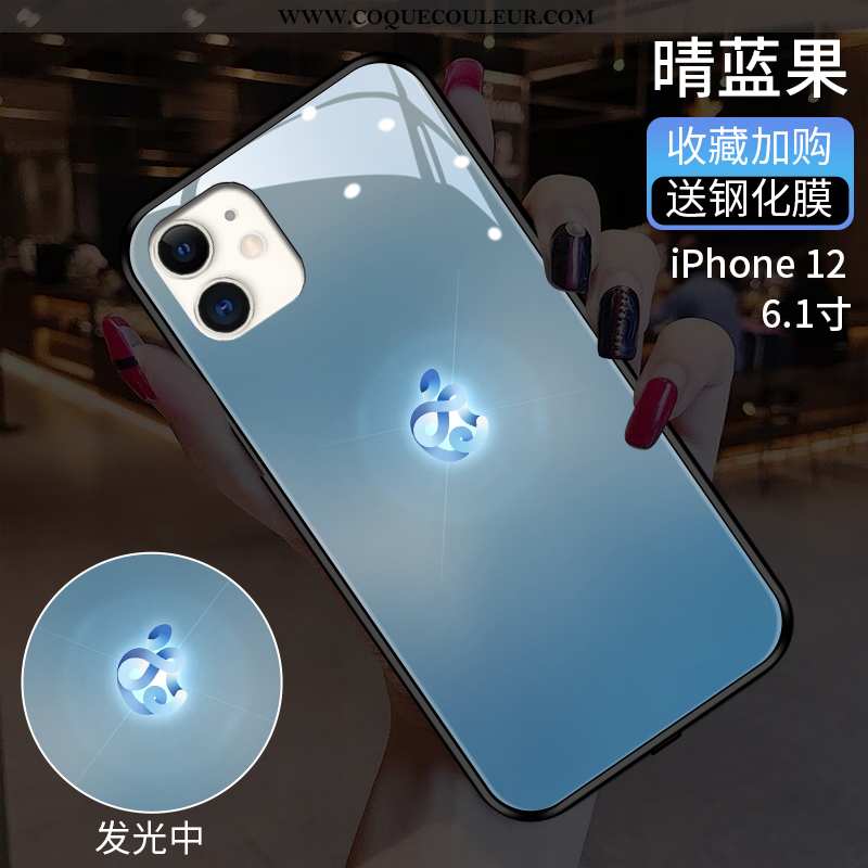 Étui iPhone 12 Protection Couvercle Arrière Tendance, Coque iPhone 12 Verre Tout Compris Bleu