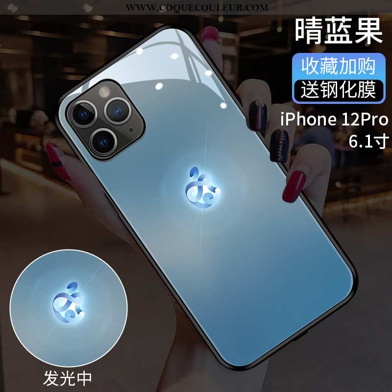 Étui iPhone 12 Protection Couvercle Arrière Tendance, Coque iPhone 12 Verre Tout Compris Bleu