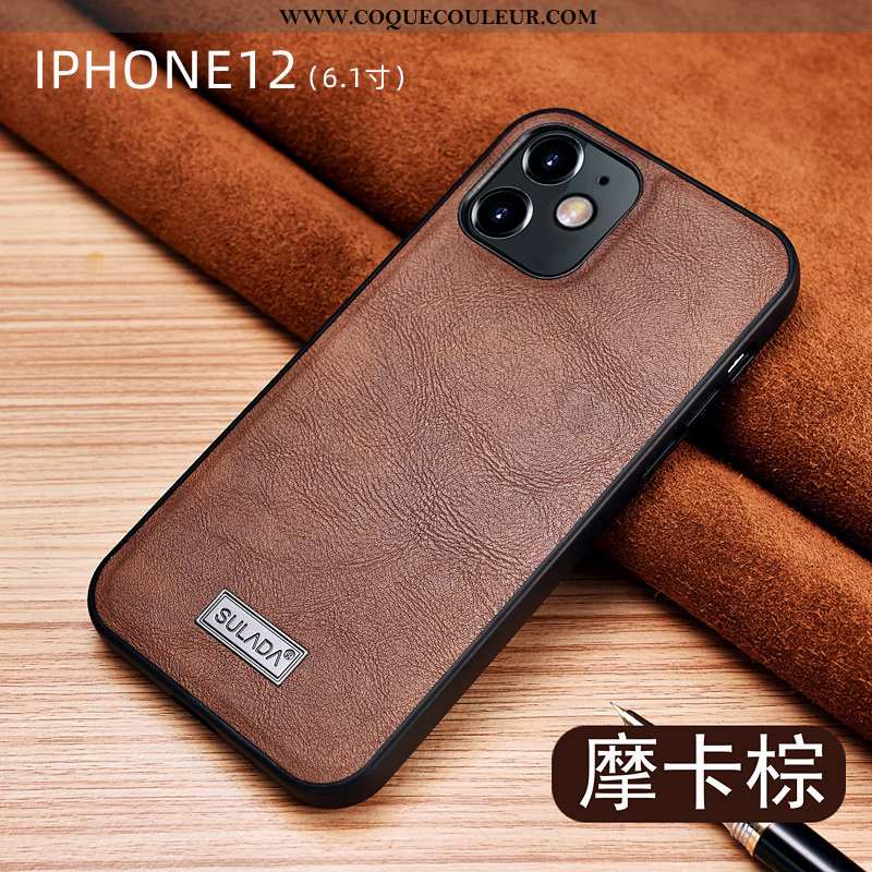 Étui iPhone 12 Cuir Luxe Tout Compris, Coque iPhone 12 Protection Marron