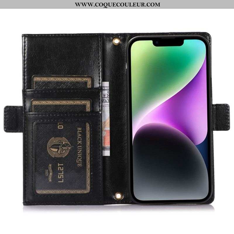 Housse iPhone 14 Plus Cuir Litchi à Lanière et Fermeture Éclaire