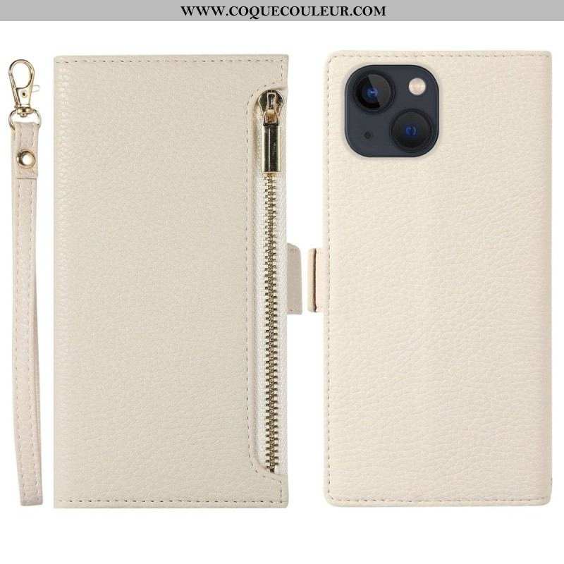 Housse iPhone 14 Plus Cuir Litchi à Lanière et Fermeture Éclaire
