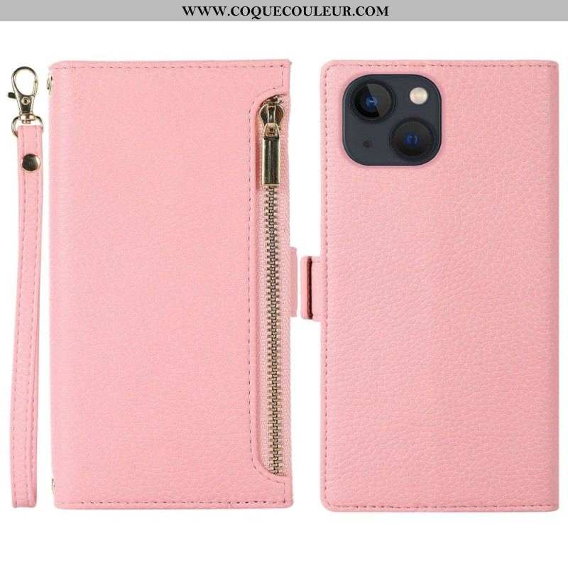 Housse iPhone 14 Plus Cuir Litchi à Lanière et Fermeture Éclaire