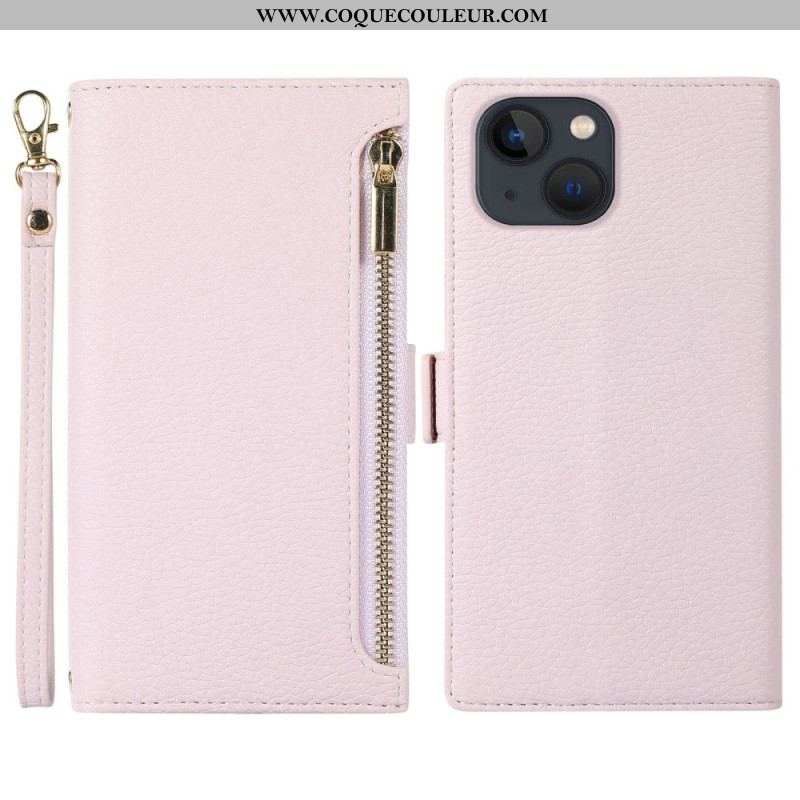 Housse iPhone 14 Plus Cuir Litchi à Lanière et Fermeture Éclaire