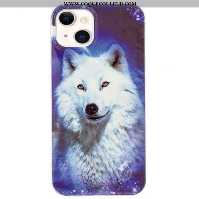 Coque iPhone 15 Plus Fluorescente Loup Blanc