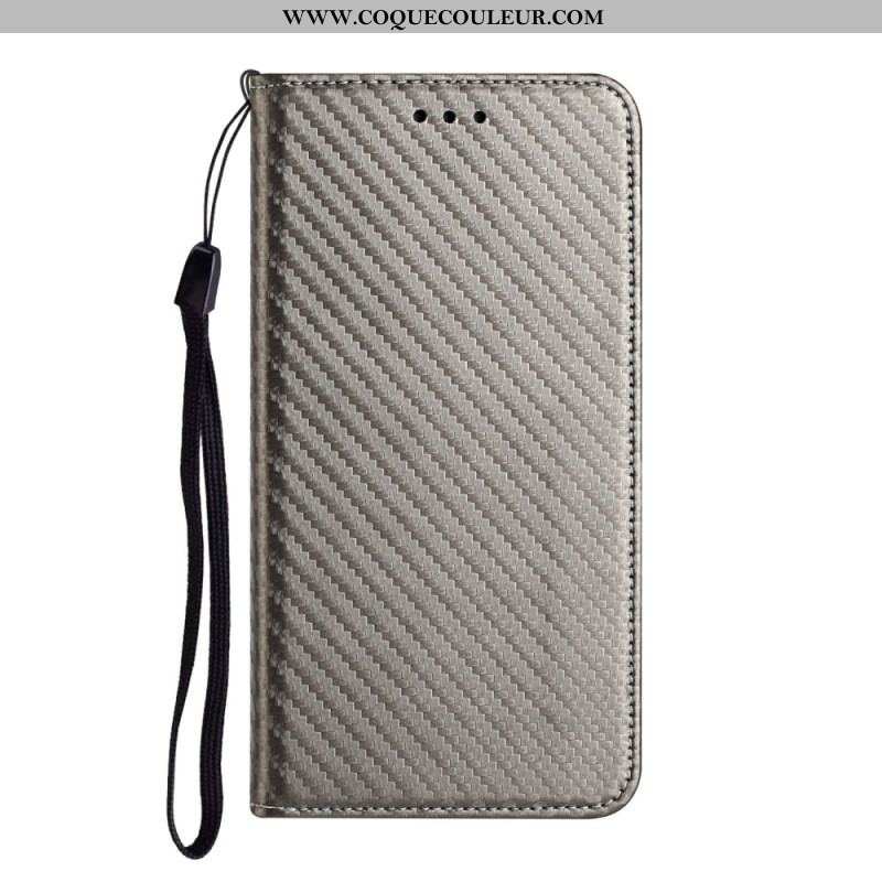 Flip Cover iPhone 15 Plus Fibre Carbone à Lanière