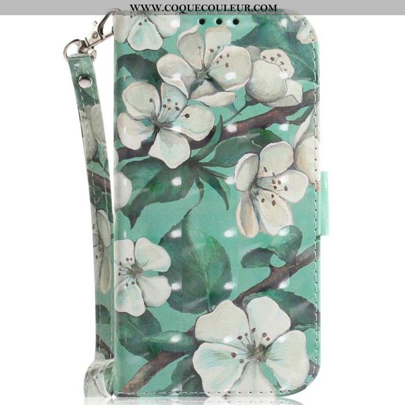 Housse iPhone 15 Plus Fleurs Blanches à Lanière