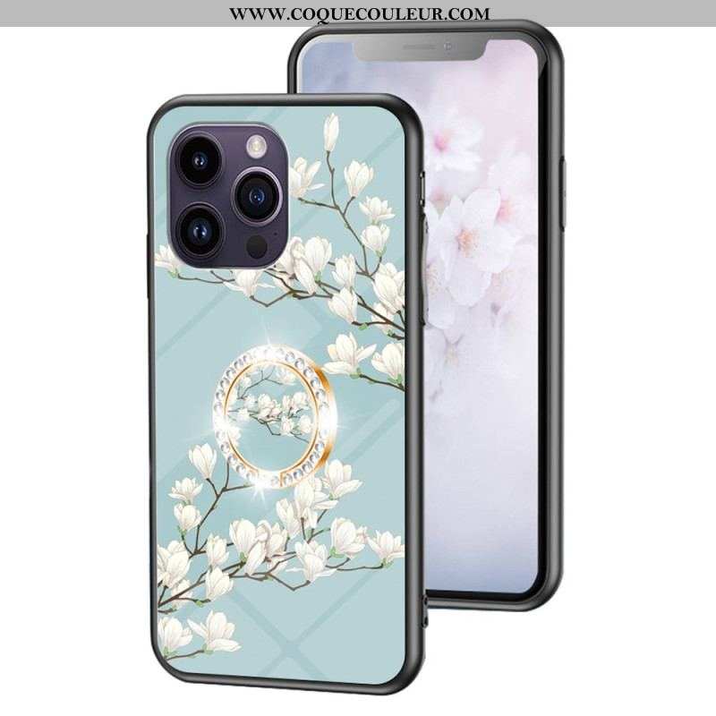 Coque iPhone 15 Pro Max Verre Trempé Floral avec Anneau-Support