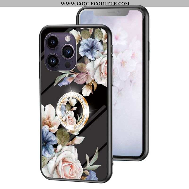 Coque iPhone 15 Pro Max Verre Trempé Floral avec Anneau-Support