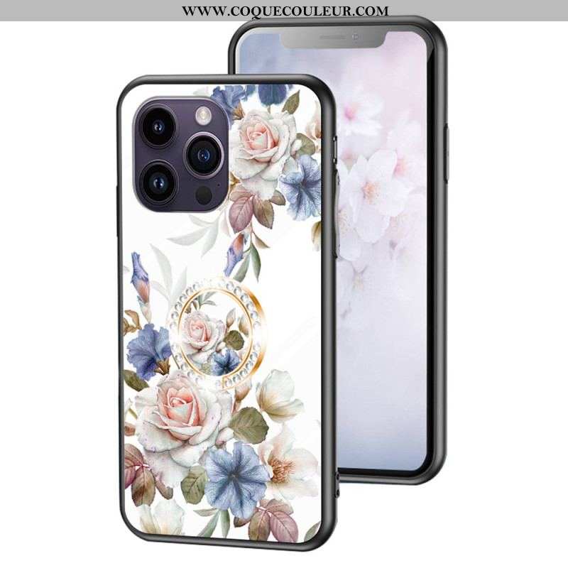 Coque iPhone 15 Pro Max Verre Trempé Floral avec Anneau-Support