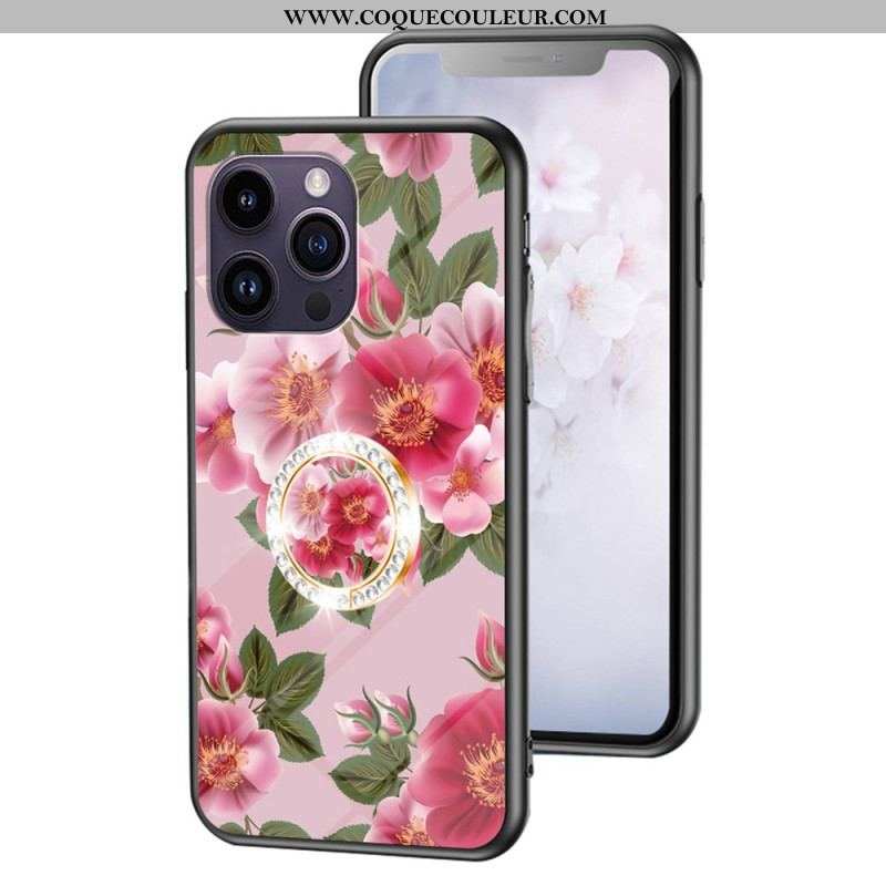 Coque iPhone 15 Pro Max Verre Trempé Floral avec Anneau-Support