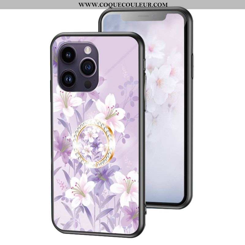 Coque iPhone 15 Pro Max Verre Trempé Floral avec Anneau-Support