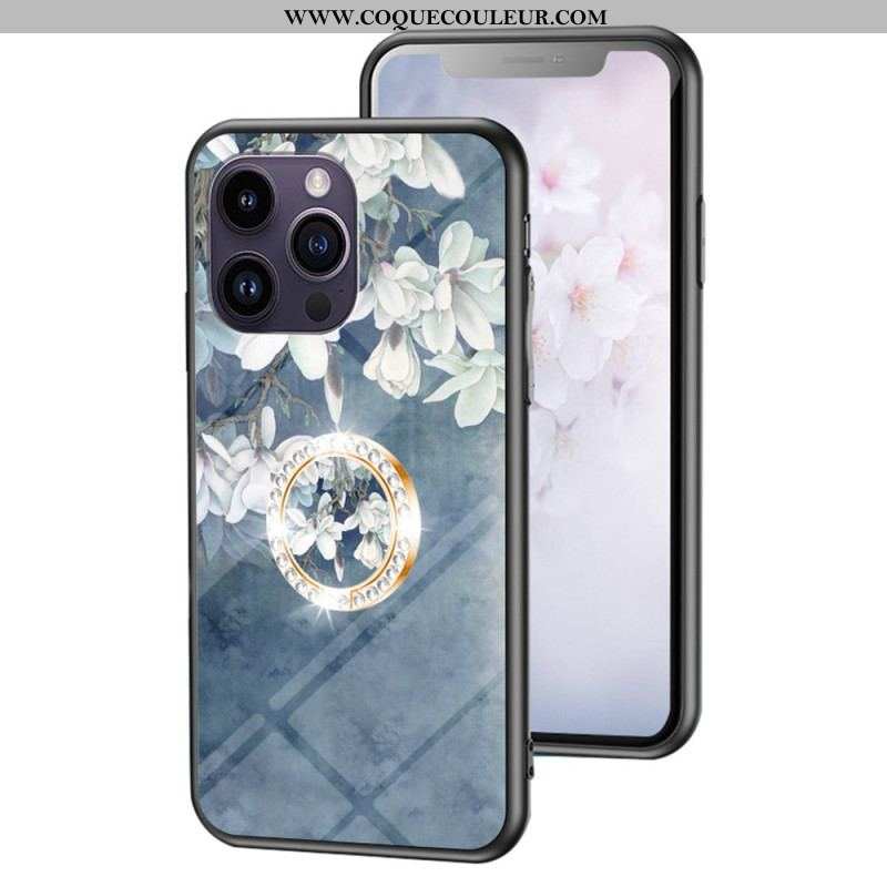 Coque iPhone 15 Pro Max Verre Trempé Floral avec Anneau-Support