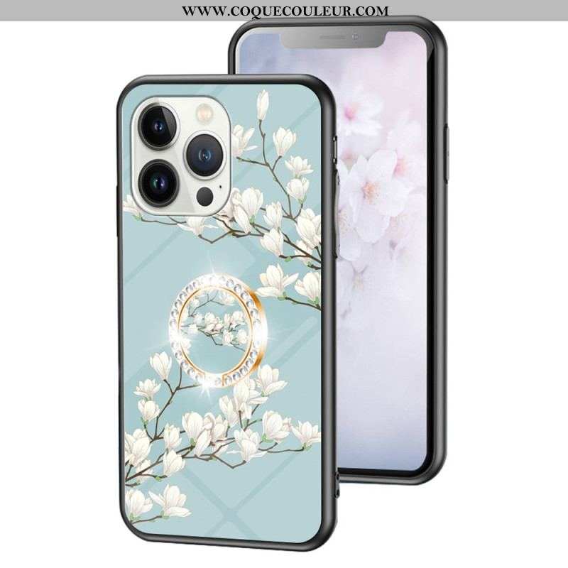 Coque iPhone 15 Pro Verre Trempé Floral avec Anneau-Support