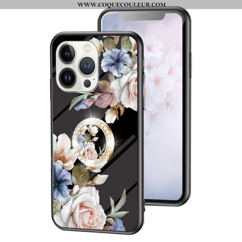 Coque iPhone 15 Pro Verre Trempé Floral avec Anneau-Support