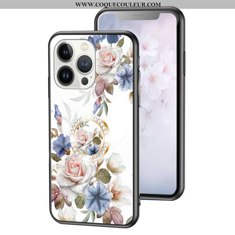 Coque iPhone 15 Pro Verre Trempé Floral avec Anneau-Support